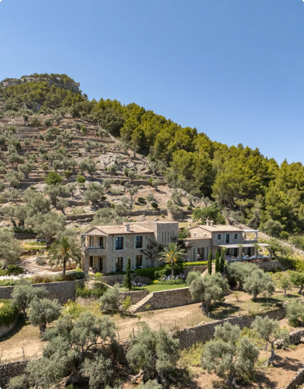 Propiedad en Mallorca situada en una ladera rodeada de árboles.